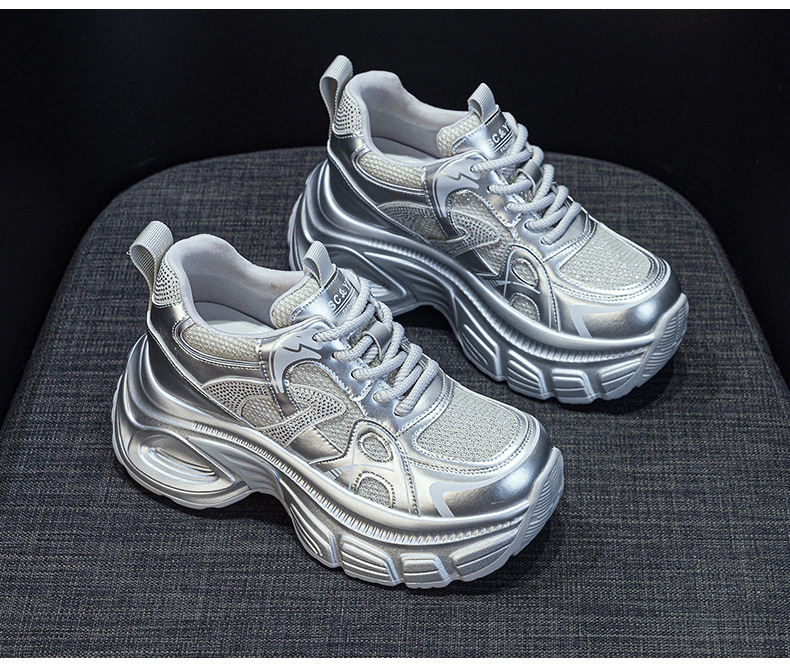 Giày sneaker dad đế dày nữ lưới thoáng khí tăng chiều cao đính đá — M2833 màu be, M2833 màu bạc chi tiết 16