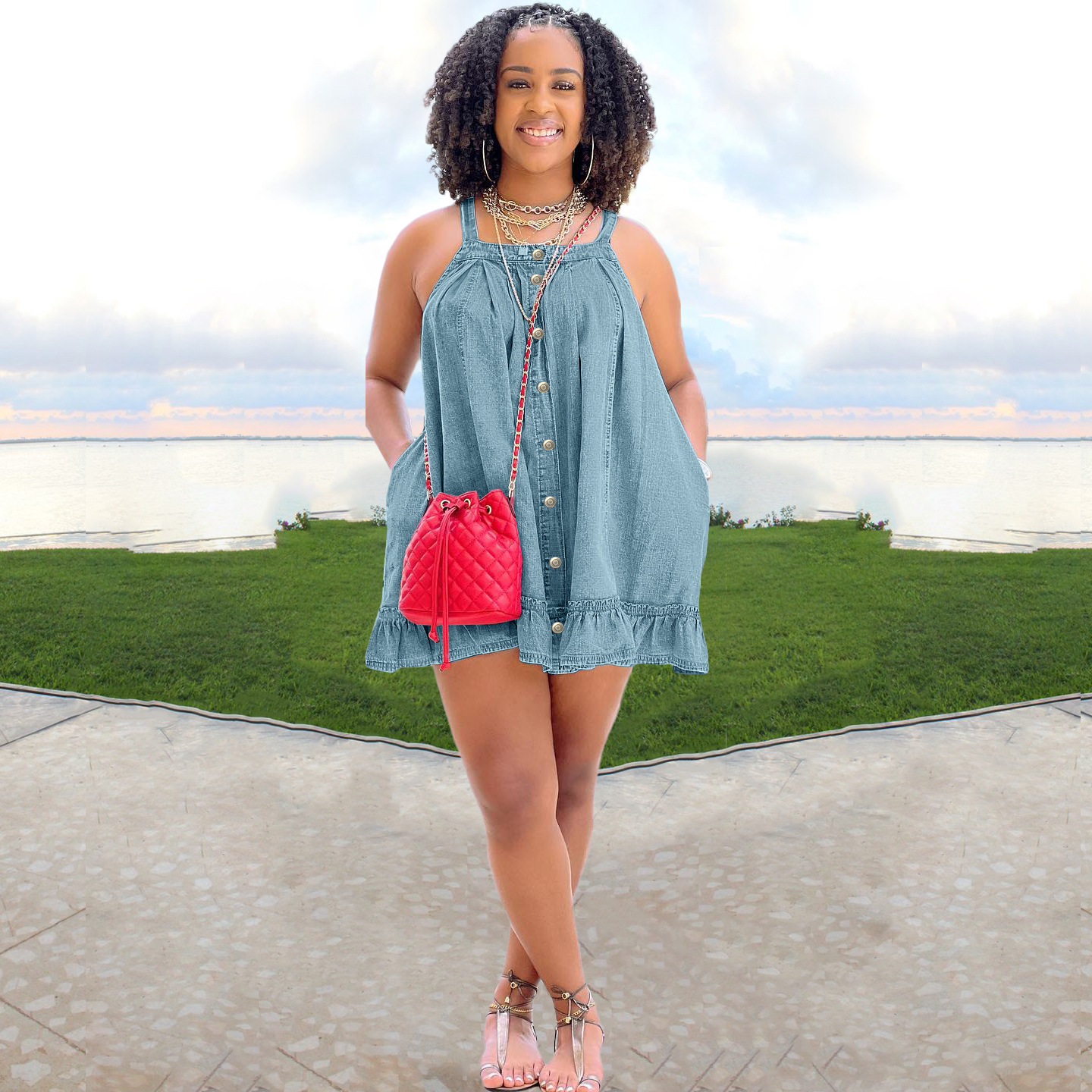 women's clothing Solid color suspenders button pocket loose washed denim dress_mkmklike.com