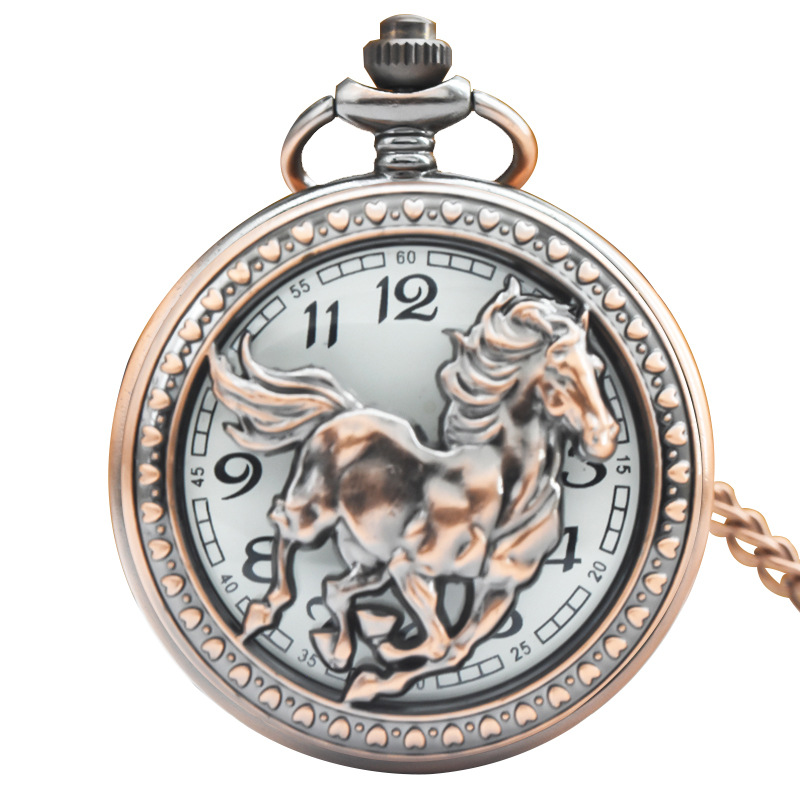 Venta al por mayor Nuevo bronce retro nostálgico tres carruajes de tres cabezas Carro de dos cabezas caballo gran reloj de bolsillo al por mayor