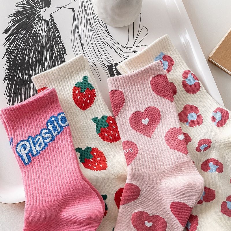 Spring and autumn pink letter love strawberry socks female fashion all matching Japanese cute ins tide stockings stockings