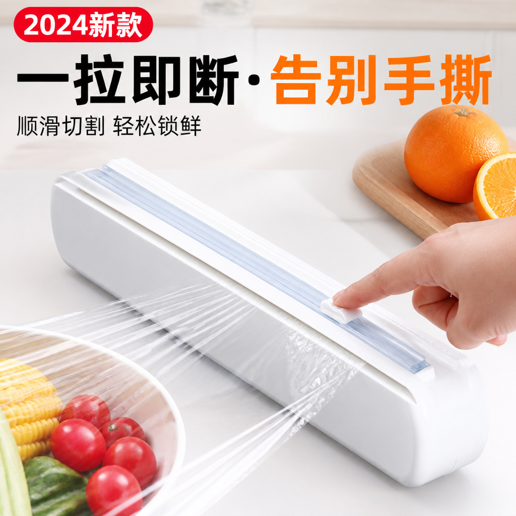 Plastic wrap cutter with non-slip suction cup for home kitchen, food-grade sliding knife divider, storage box with magnetic lid