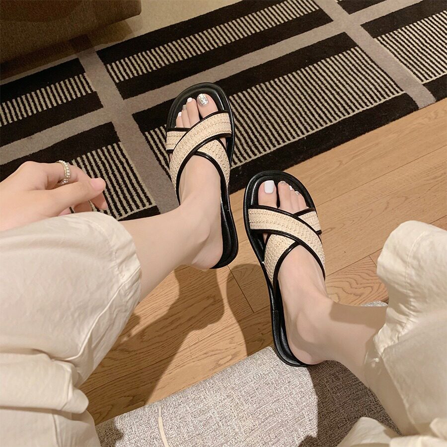 Dép sandal nữ quai chéo mũi tròn hở ngón đế dày phối màu, đế cao 3 cm — Màu Mơ (Dép lê), Màu Mơ (dép), Màu nâu (dép), Màu đen (dép)