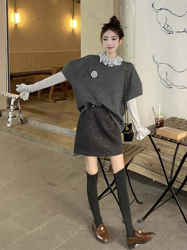 春秋一整套针织灰色马甲毛衣女慵懒风法式木耳边打底衫气质两件套|undefined