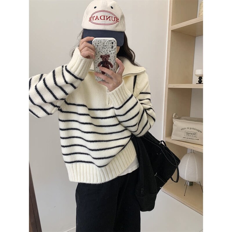 Women's half-zip turtleneck sweater, Korean style, niche striped loose-fit outerwear, autumn and winter long-sleeve pullover knit top, trendy Women's half-zip turtleneck sweater, Korean style, niche striped loose-fit outerwear, autumn and winter long-sleeve pullover knit top, trendy