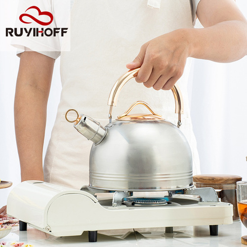Stainless steel whistle kettle with lid, new Amazon alarm boiling kettle, golden handle, cross-border sounding kettle