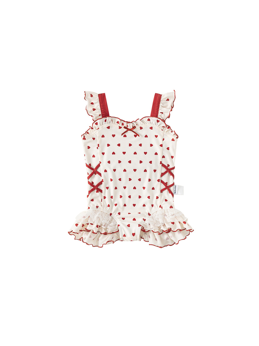 Youbao ropa para niños estilo de verano traje de baño dulce junto al mar para niñas con estampado de amor traje de baño de una pieza de encaje con lazo