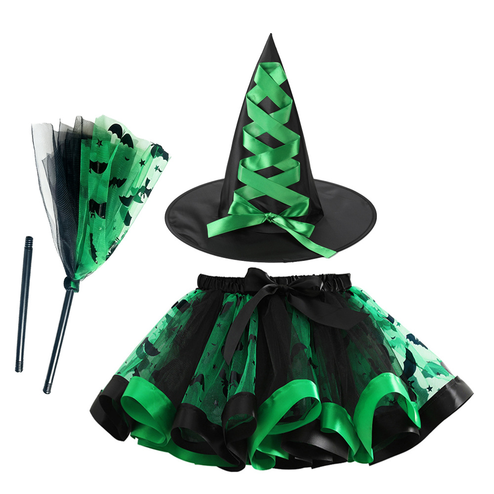 RT23045+grass green strapped witch hat+green gauze black bat witch flat broom