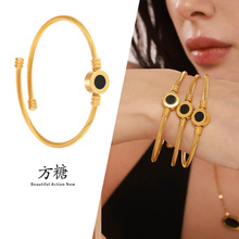 方糖轻奢天然真贝母黑白双面不锈钢手镯女亚线弹力手环饰品不掉色