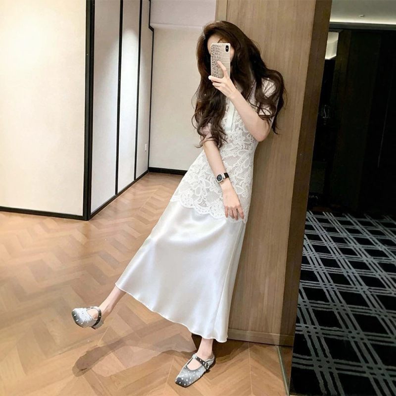 French-Style Elegant White Lace Shirt Dress for Women, 2026 Summer New Model, Very Beautiful, Waist-Cinching, Slimming Long Dress