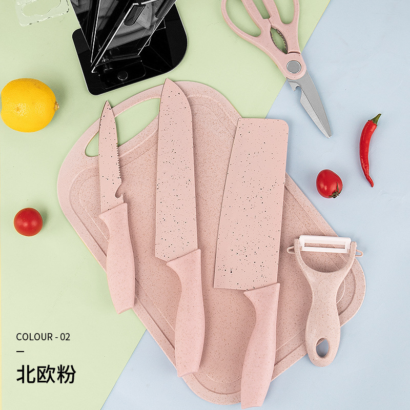 En stock al por mayor de trigo Polo color de siete piezas traje de acero inoxidable hogar cuchillo conjunto traje de acero inoxidable