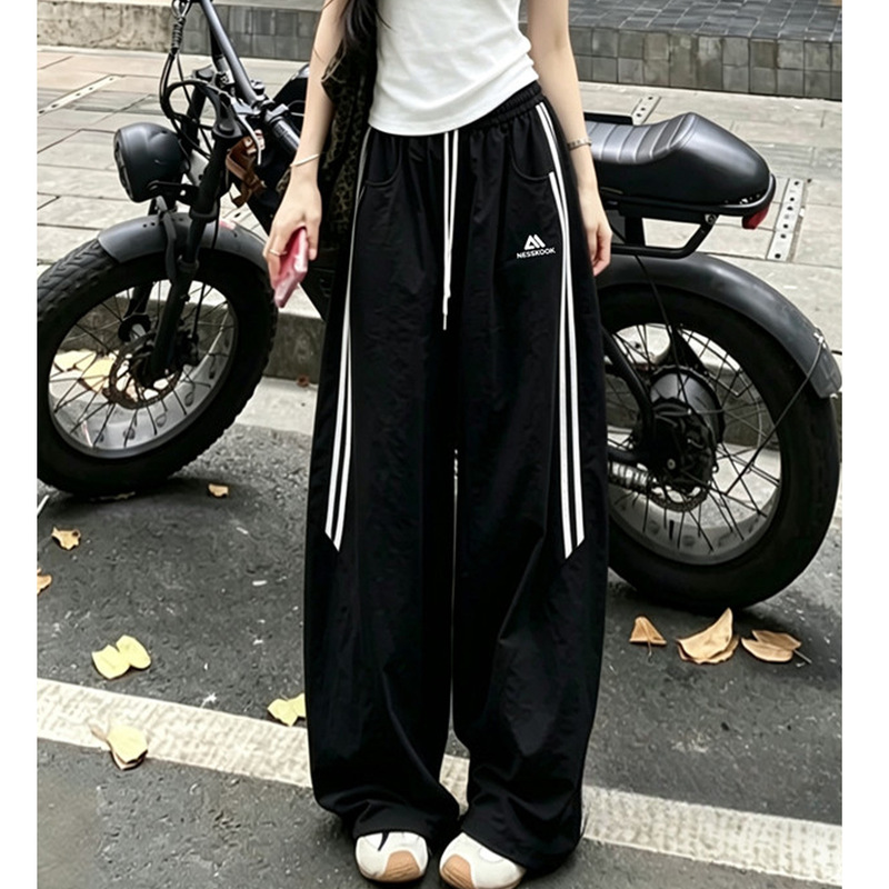 Black American-style embroidered striped quick-dry work pants for women, summer 2026 new model, loose-fitting, slimming, sun-protective, lightweight sports pants Black American-style embroidered striped quick-dry work pants for women, summer 2026 new model, loose-fitting, slimming, sun-protective, lightweight sports pants
