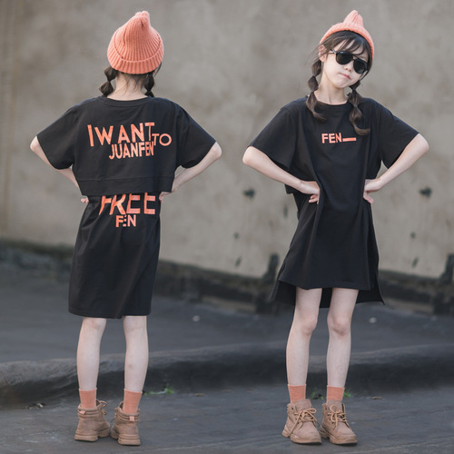 Girls T-shirt dress summer 2024 new style Korean style trendy casual loose short-sleeved front short back long dress
