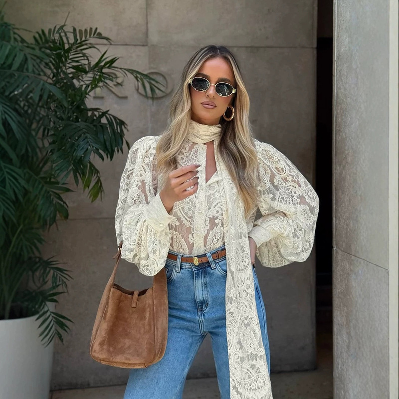 Amazon Europe and America 2026 New Cross-Border Holiday Style Lace Hollow-Out Bow Tie Solid Color Long-Sleeve Women's Shirt Amazon Europe and America 2026 New Cross-Border Holiday Style Lace Hollow-Out Bow Tie Solid Color Long-Sleeve Women's Shirt