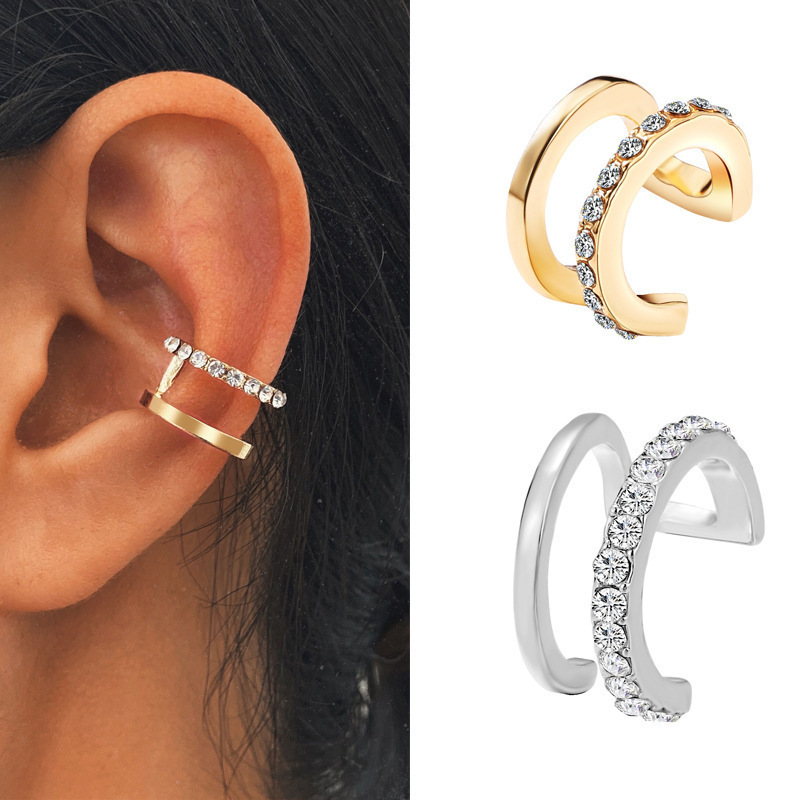 European and American Cross-Border Hot-Selling Simple Line Diamond-Encrusted Double C Ear Bone Clip Personalized Double-Layer U-Shaped Non-Pierced Ear Clip Earrings
