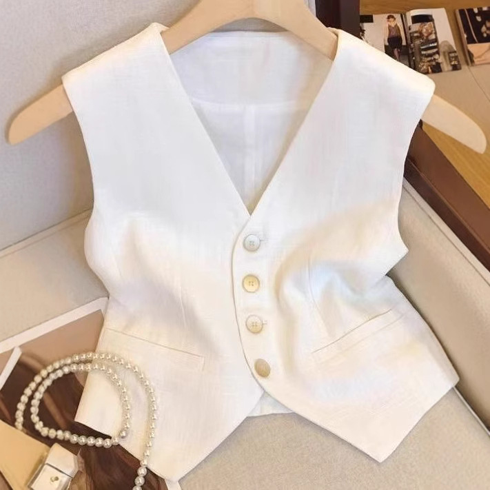 Old Money Style Linen White Vest New Sleeveless French Short Summer Suit Thin Vest Waistcoat Top