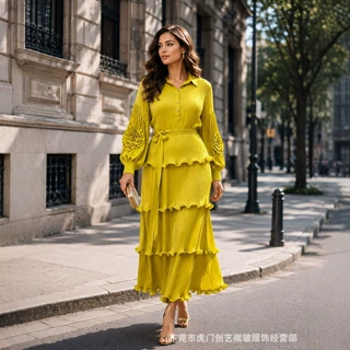 miyake三宅非洲欧美爆款时尚大码女装褶皱灯笼袖宽松显瘦连衣裙女