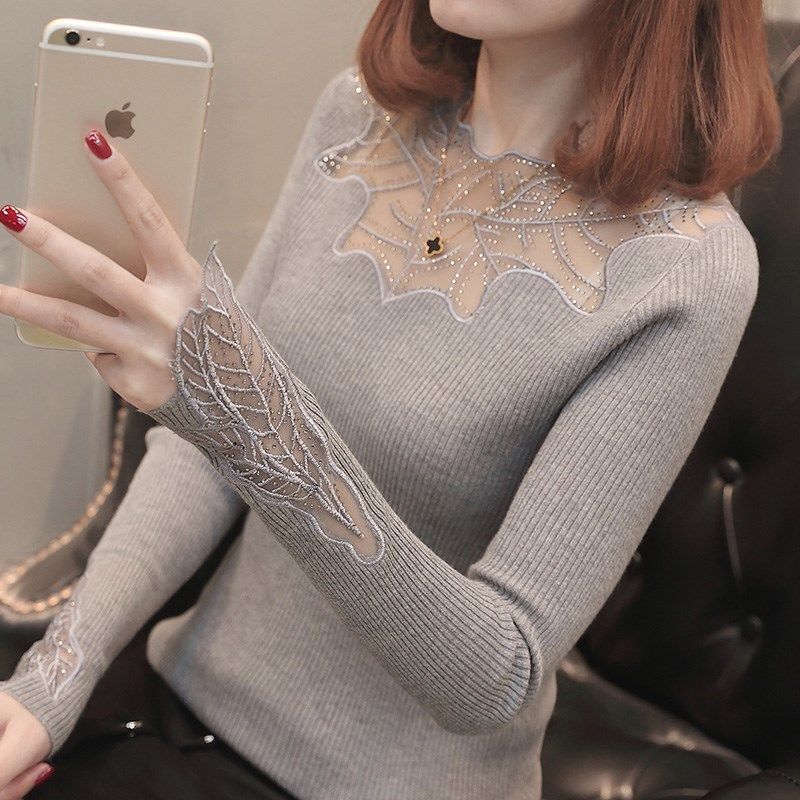 Autumn and Winter Korean Style Fashionable Sexy Lace Splicing Cut Out Knitwear Bottoming Slimming Look Elastic Pullover Knitwear for Women