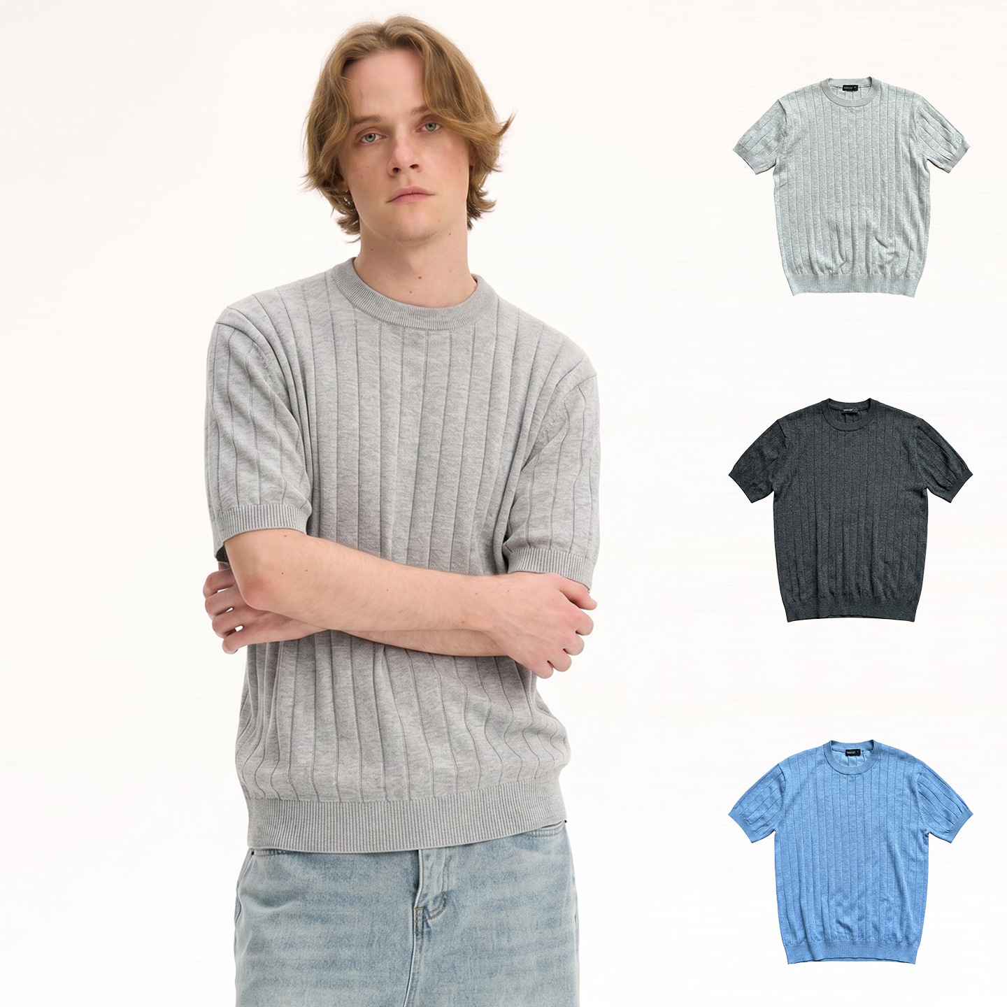 Row Light Luxury Jacquard Vertical Stripe Texture Casual Regular Fit Top Solid Color Round Neck Short Sleeve Knit T-Shirt Unisex