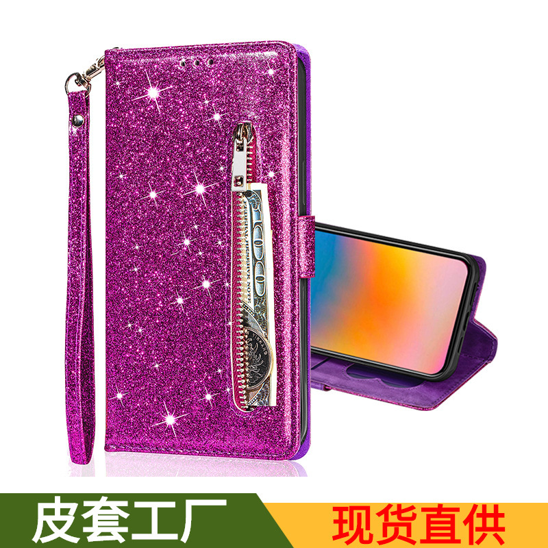 Suitable for iphone16 15 zipper wallet lanyard mobile phone leather case Apple 14 glitter card mobile phone protective case