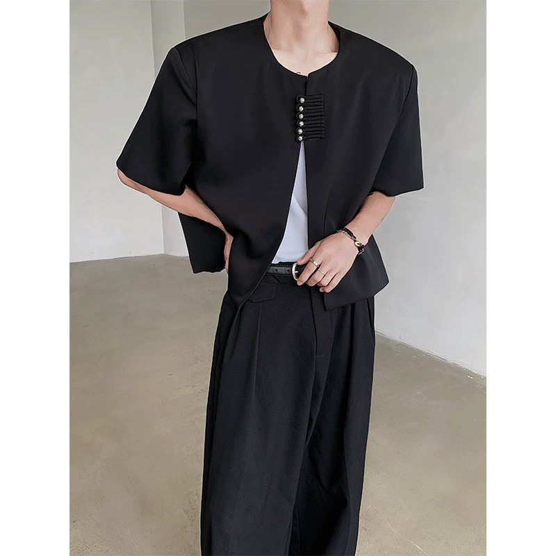 New Chinese Style Short-Sleeved Jacket for Men in Summer Niche Design High-End中山 Suit with Shoulder Pads Short Suit Handsome