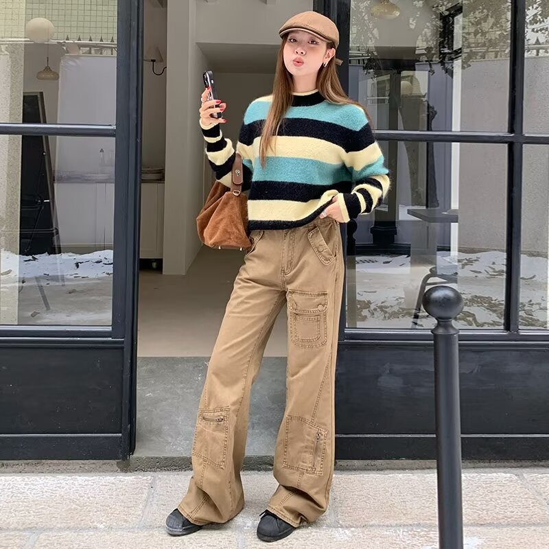 Maillard Brown Multi-Flap Pocket Pants Cargo Pants for Men and Women, American Retro Pants, Straight-Leg Slightly Flared High Street Logging Pants