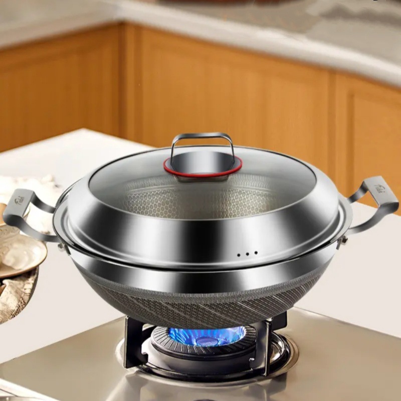 304 Stainless Steel Wok 36Cm38Cm Thickeneded and Deepened Stew Wok Household Double-Eared Titanium Non-Stick Wok