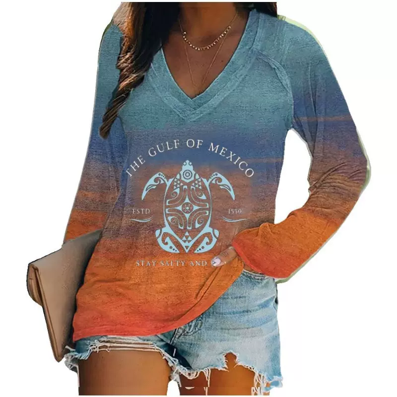 2025亚马逊欧美3D印花T恤交叉V领条纹优雅休闲短袖T恤女长袖上衣