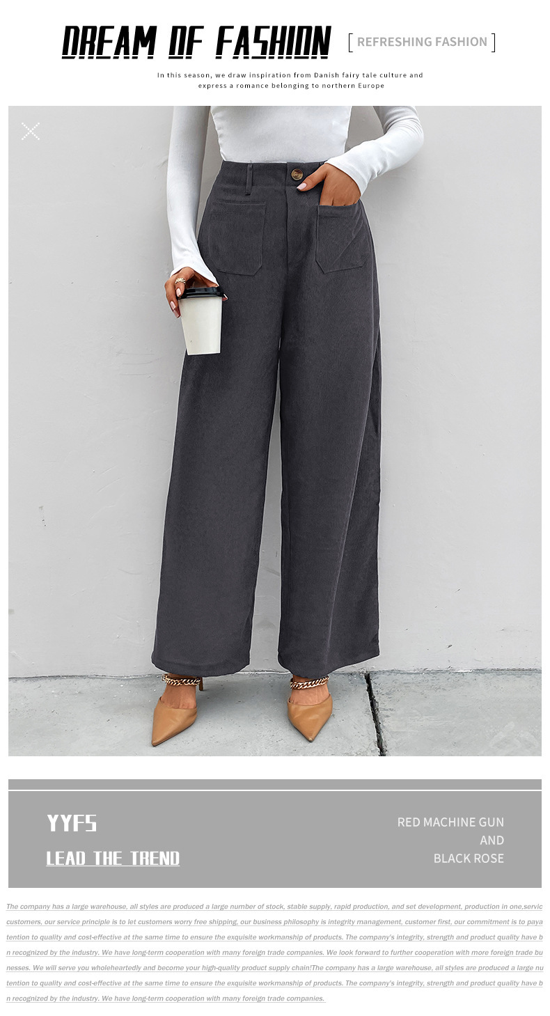women's autumn and winter loose casual pants commuting high-waisted wide-leg pants corduroy casual button trousers_voghion.com