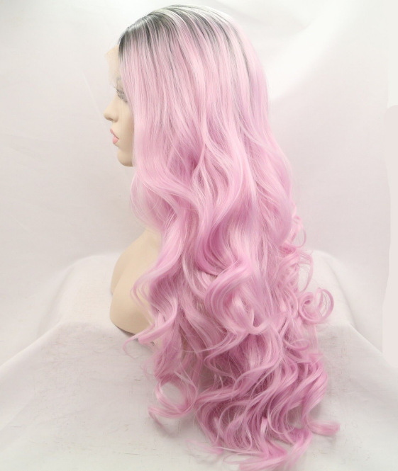 Peruca europea y americana de moda negra gradiente rosa gran onda mitad gancho de mano fibra química LW0316
