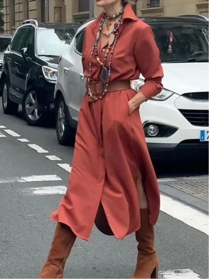 2025 European and American Women's Clothing, Pure Color High-Waisted Autum Loose and Slimming Look Draped Mid-Length Skirt Shirt Collar Dress