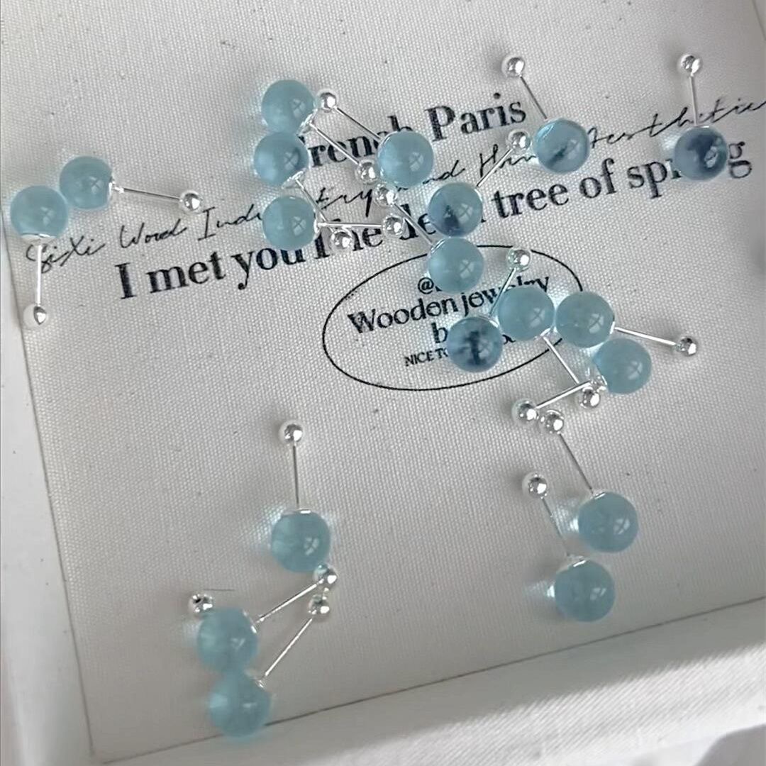 천연 아쿠아마린 귀걸이, 나사형 은도금 바늘, 작고 정교한 고급 디자인 귀걸이, 심플한 데일리 다용도 귀걸이