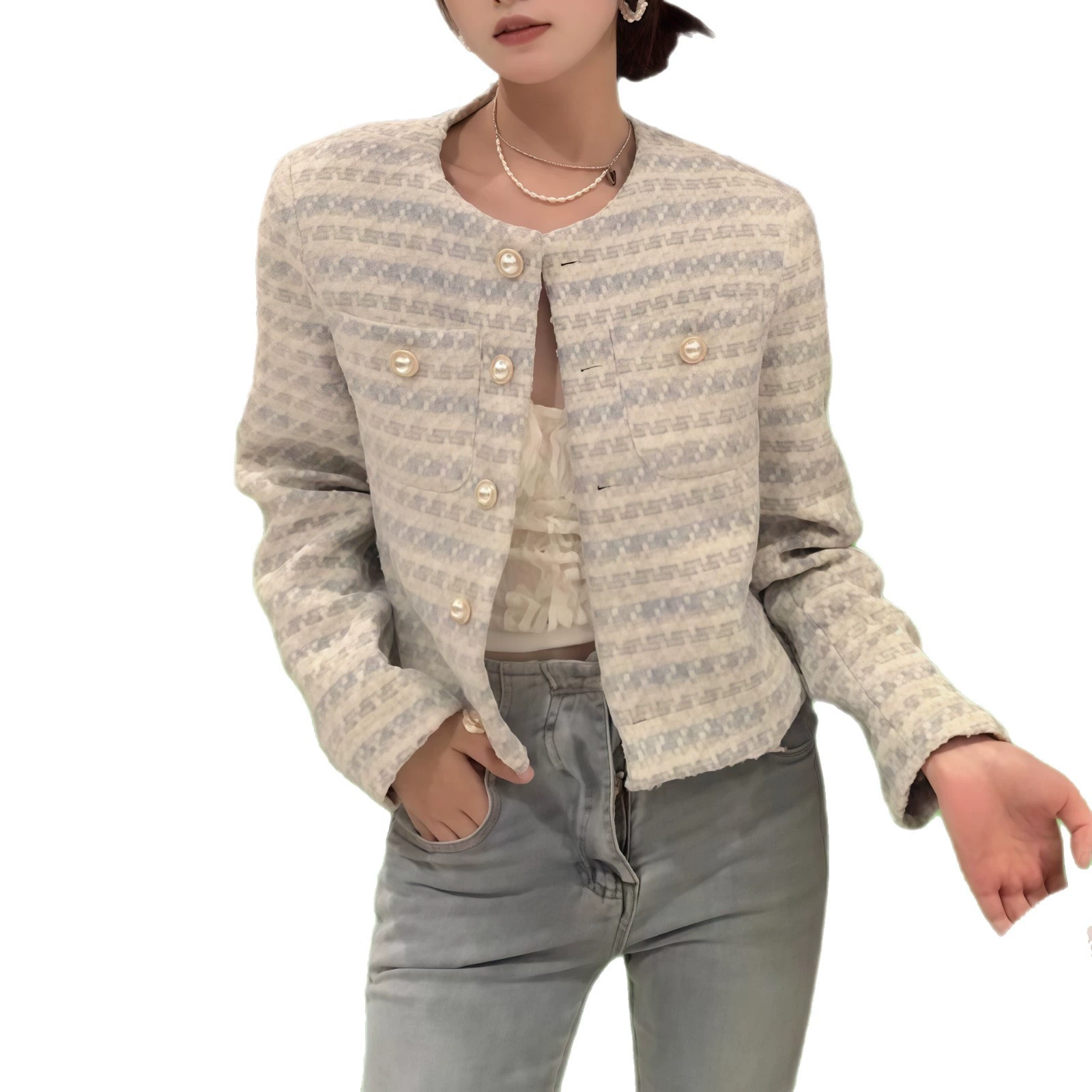 Короткая куртка, Алиэкспресс, Амазон, городской стиль, круглый ворот, стиль Chanel