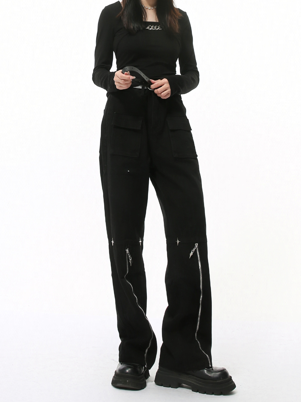 MTLCLOTHES Hombres| Cuatro temporadas nuevos productos de nicho Zhong Zipper empalme diseño de metal Zhong Zhong Jeans