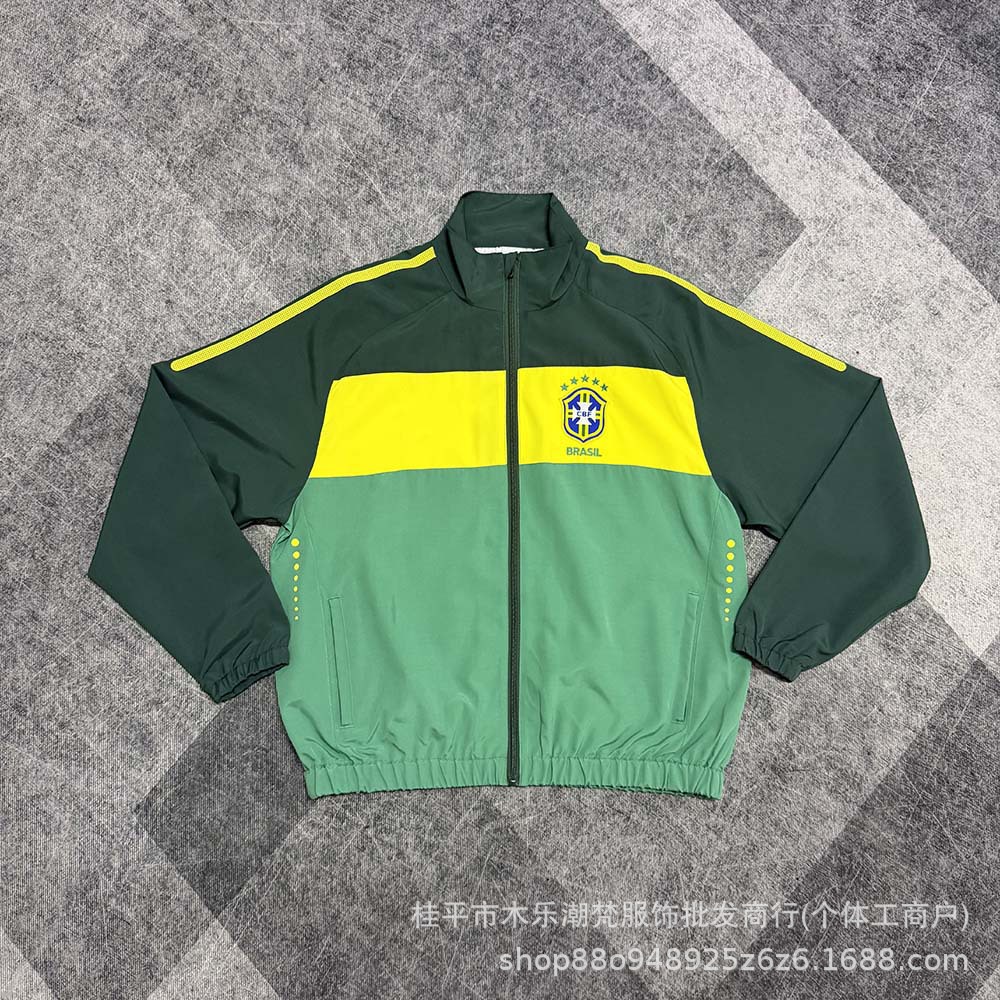 Brazil National Team Jacket, Double-Layer Embroidered Classic Football Training Jacket for Men, Spring and Autumn Style