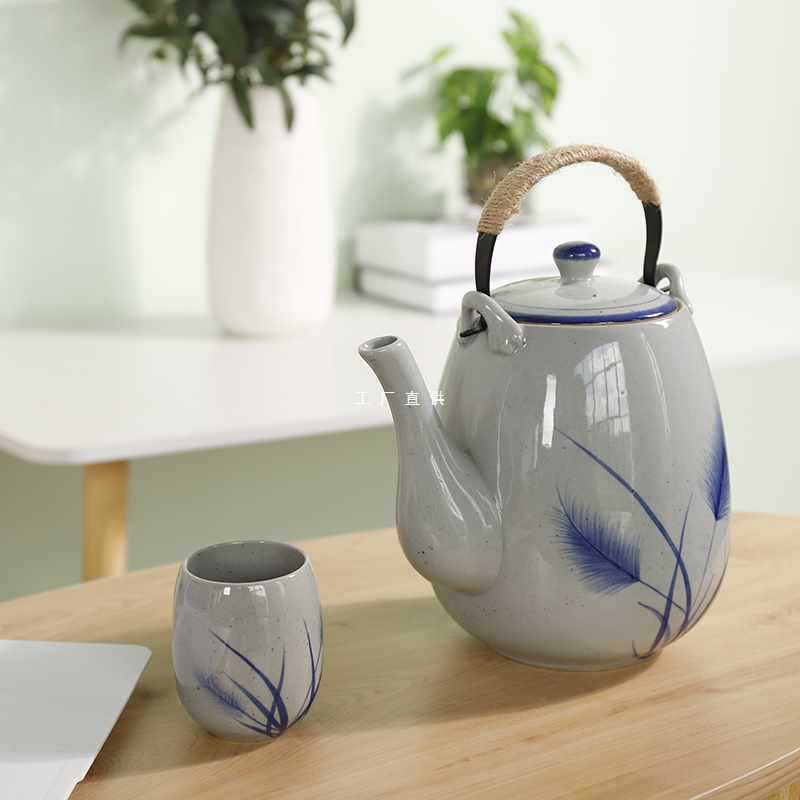 W9R陶瓷大茶壶手绘复古日式粗陶2升1.5升提梁壶餐厅泡茶壶家用凉