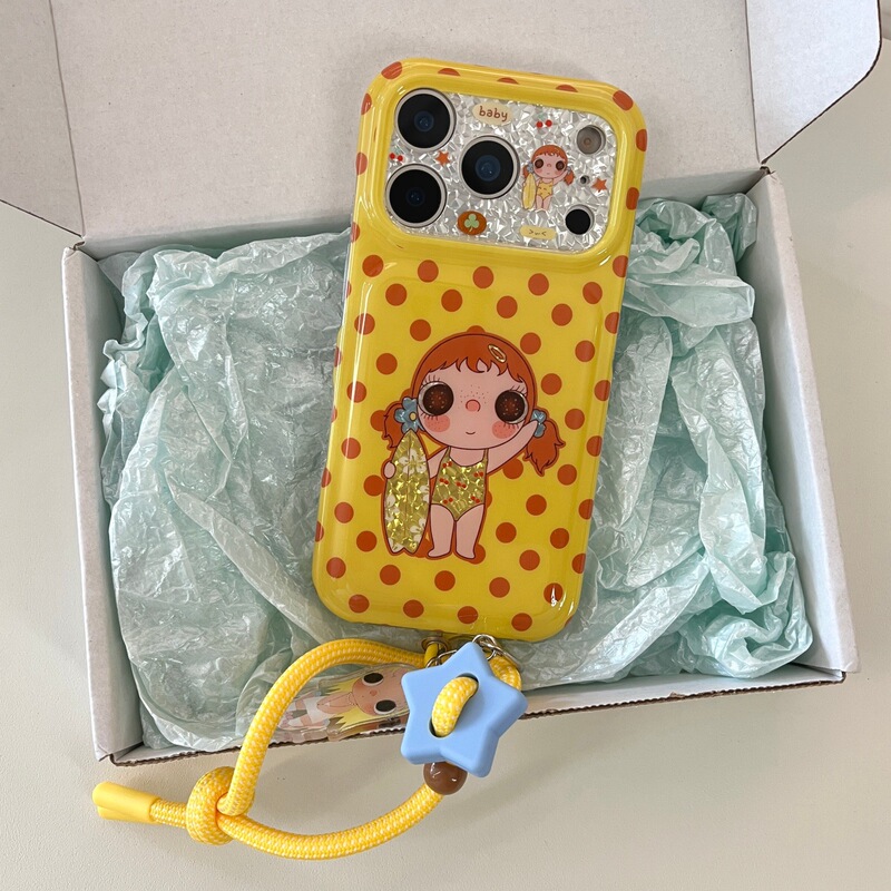 Yellow Polka Dot Surf Girl Case for iPhone 17 Pro Max, Apple Phone Case 16 Pro Protective Cover 15 for Women