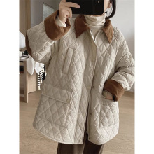 菱形格拼接夹棉棉服外套女秋冬装大码宽松韩版气质中长款轻薄棉衣
