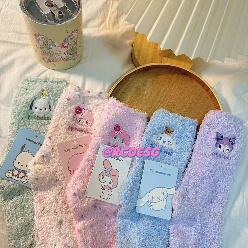 Winter colorful melody sanrio socks women's coral fleece padded warm tube socks cute cartoon sleep socks