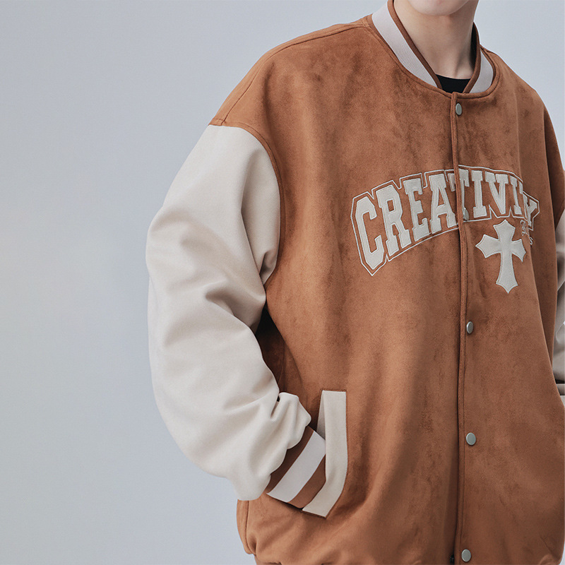 American retro letras bordadas chaqueta de béisbol de pelusa de moda hombre chaqueta de pareja suelta 23002