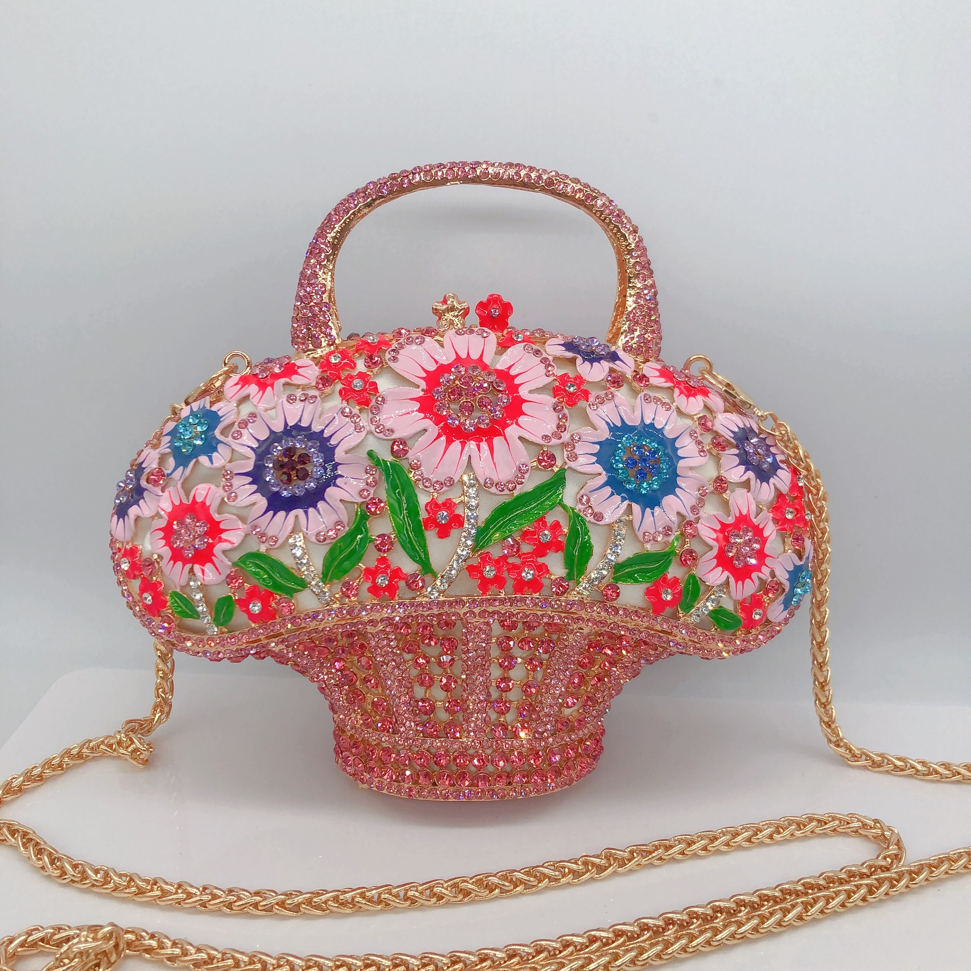 Túi clutch cầm tay giỏ hoa đính kim cương phong cách Hàn Quốc — Phấn màu/Hoa Hồng chi tiết 1