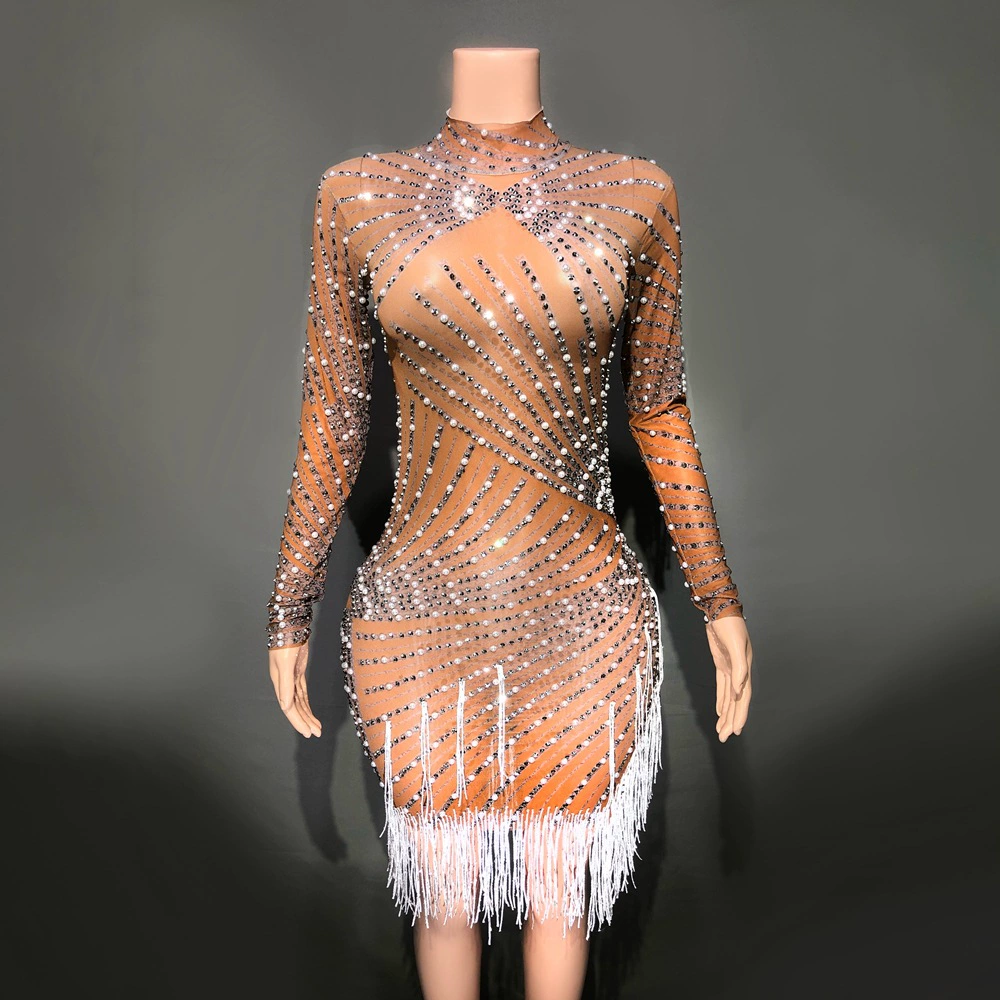 Горячая распродажа Европейская и американская Amazon трансграничная сексуальная юбка с кисточками и жемчугом со стразами с длинным рукавом блестящая юбка для танцевальной вечеринки