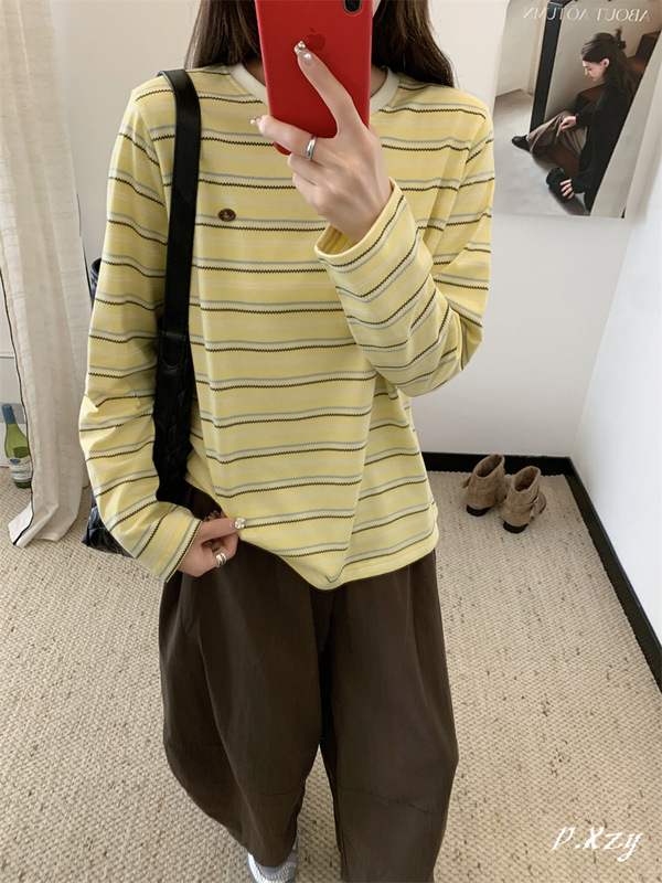 020秋季2025新款慵懒风条纹小标上衣中长款条纹长袖打底衫女士T恤|undefined