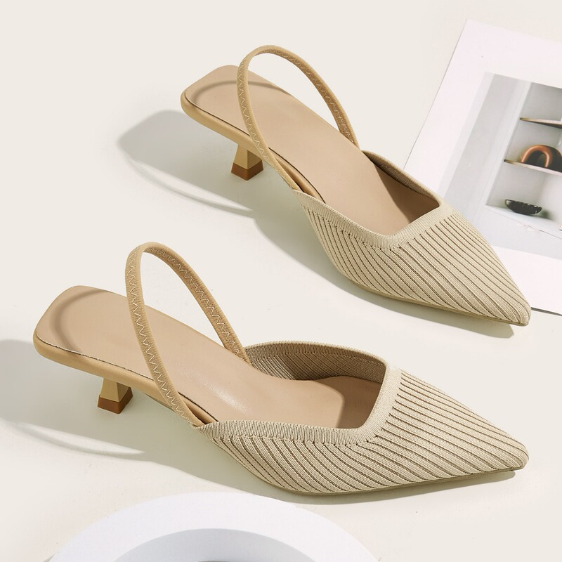 Plus-Size European and American Style Pointed-Toe Shallow-Mouth Stiletto Sandals for Women, Breathable Fly-Knit Single Shoes with a Stylish Backless Design