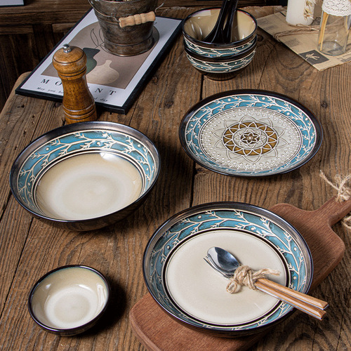 European style kiln-turned underglaze hand-painted ceramic tableware plate creative set cake deep dish rice bowl steak plate