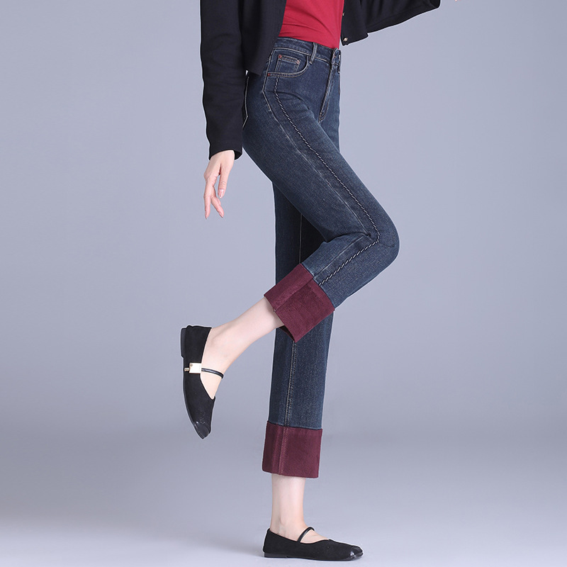 Counter Autumn and Winter Thick Straight Leg Jeans High Waist Slimming Slimming Small fleece-lined Straight Leg Pants