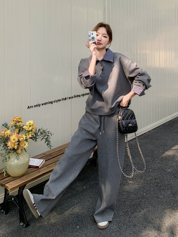 灰色运动休闲条纹拼接卫衣套装女2025秋季新款设计感阔腿裤两件套|undefined