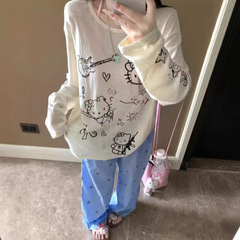 【オリジナル生地】キティ漫画プリントTシャツ日焼け止め微透けブラウス怠惰なルーズラウンドネック長袖トップス