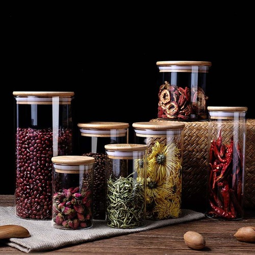 Transparent glass bottles for tea, grain, seasoning storage, display box, sealed decorative jars for large and small sizes