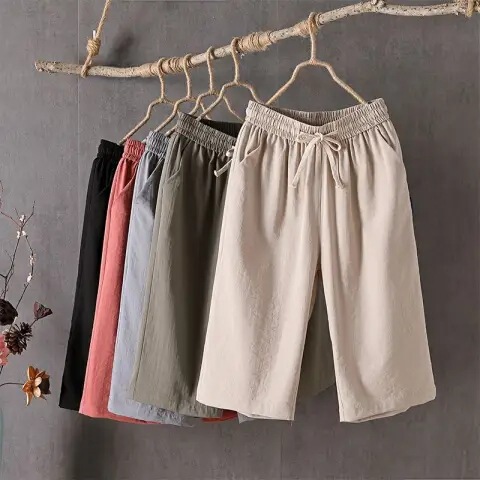 Women's Summer Thin Cotton-Linen Casual Pants, Loose Fit, Slimming, Plus Size, 6/7 Length Wide-Leg Pants 216