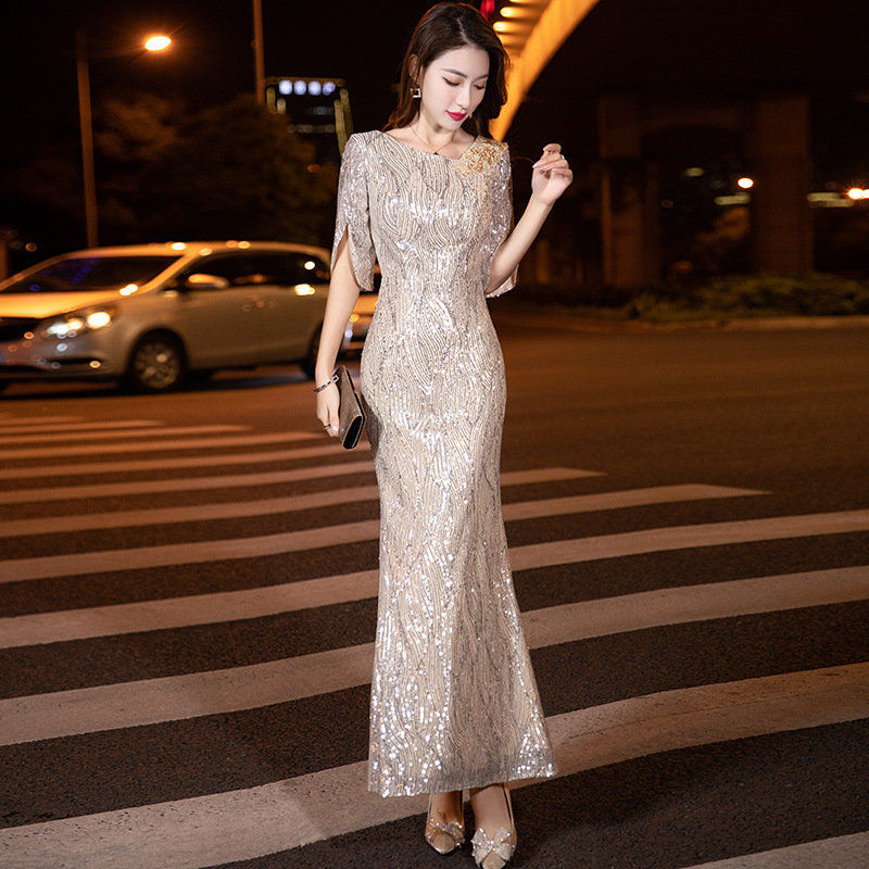 Champagne-Colored Evening Dress for Women, Sequined, Elegant, Light Luxury, Niche High-End Mermaid Host Gown Champagne-Colored Evening Dress for Women, Sequined, Elegant, Light Luxury, Niche High-End Mermaid Host Gown